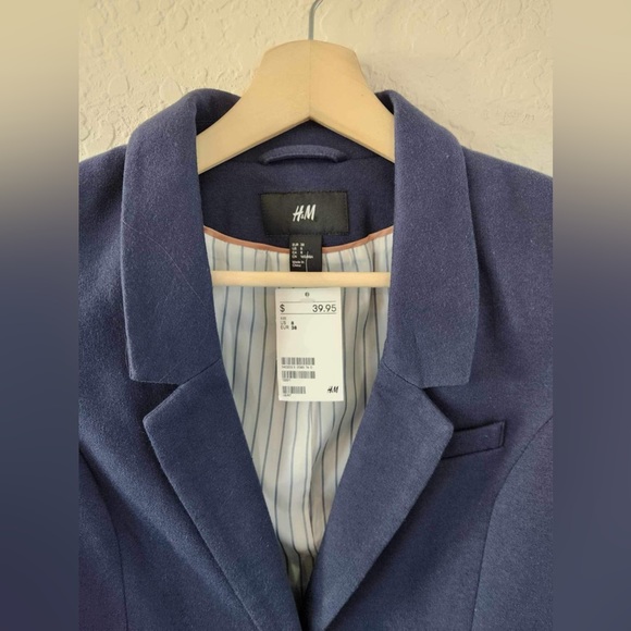 H&M NWT Navy Blue Blazer Women's Size 8 Brown Elbow Patch Career Office Preppy - Picture 4 of 11